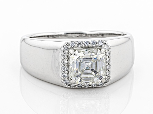 MOISSANITE FIRE(R) 2.09CTW DEW OCTAGONAL ASSCHER CUT AND ROUND PLATINEVE(R) MENS RING - Size 10