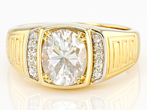 MOISSANITE FIRE(R) 3.10CTW DEW OVAL AND ROUND 14K YELLOW GOLD OVER SILVER MENS RING - Size 11