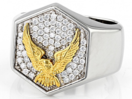 MOISSANITE FIRE(R) .55CTW DEW PLATINEVE(R) AND 14K YELLOW GOLD OVER SILVER MENS EAGLE  RING - Size 9