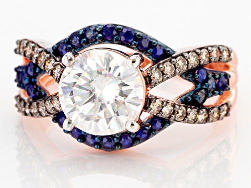 MOISSANITE FIRE(R) 1.90CT DEW WITH CHAMPAGNE DIAMOND & BLUE SAPPHIRE 14K ROSE GOLD OVER SILVER RING - Size 8