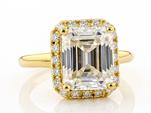 MOISSANITE FIRE(R) 5.33CTW DEW OCTAGONAL EMERALD CUT AND ROUND 14K YELLOW GOLD OVER SILVER RING - Size 10