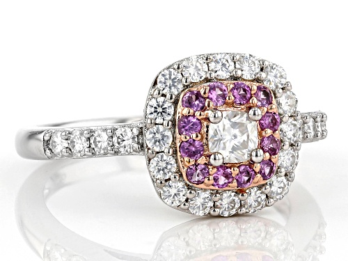 MOISSANITE FIRE(R) .94CTW DEW AND PINK SAPPHIRE PLATINEVE(R) AND 14K ROSE GOLD OVER PLATINEVE RING - Size 8