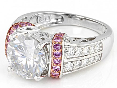 MOISSANITE FIRE(R) 4.12CTW DEW AND PINK SAPPHIRE PLATINEVE(R) RING WITH 14K RG ACCENT SETTINGS - Size 11