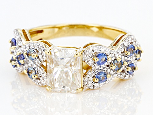MOISSANITE FIRE(R) 2.38CTW DEW AND BLUE SAPPHIRE 14K YELLOW GOLD OVER SILVER RING - Size 5