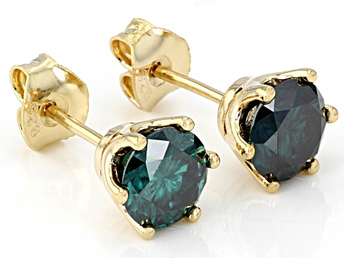 MOISSANITE FIRE(R) DARK GREEN 2.00CTW DEW ROUND STUD 14K YELLOW GOLD OVER SILVER EARRINGS