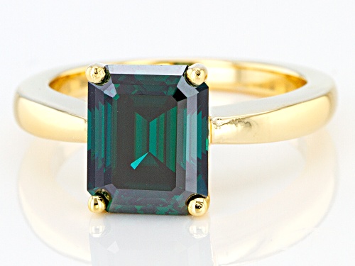 MOISSANITE FIRE(R) GREEN 3.55CT DEW OCTAGONAL EMERALD CUT 14K YELLOW GOLD OVER SILVER RING - Size 8
