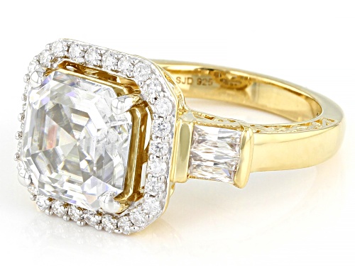 MOISSANITE FIRE(R) 5.29CTW DEW ASSCHER & BAGUETTE & ROUND14K YG OVER SS RING - Size 9