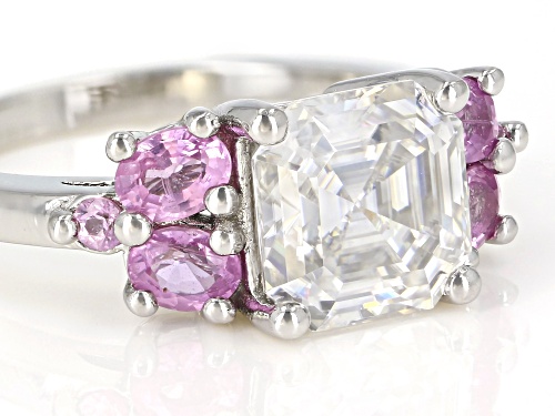 MOISSANITE FIRE(R) 2.96CT DEW ASSCHER CUT  WITH OVAL & ROUND PINK SAPPHIRE PLATINEVE(R) RING - Size 7