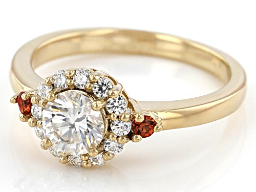 MOISSANITE FIRE(R) .84CTW DEW ROUND & LAB ORANGE SAPPHIRE 14K YELLOW GOLD OVER SILVER RING - Size 10
