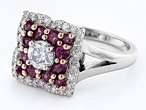 MOISSANITE FIRE(R) .82CTW DEW ROUND AND RHODOLITE PLATINEVE(R) RING - Size 10