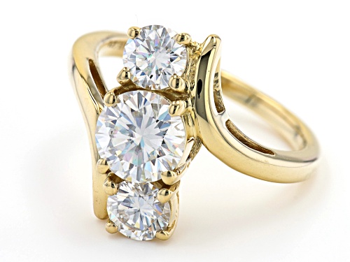 MOISSANITE FIRE(R) 2.20CTW DEW ROUND 14K YELLOW GOLD OVER SILVER 3 STONE RING - Size 6