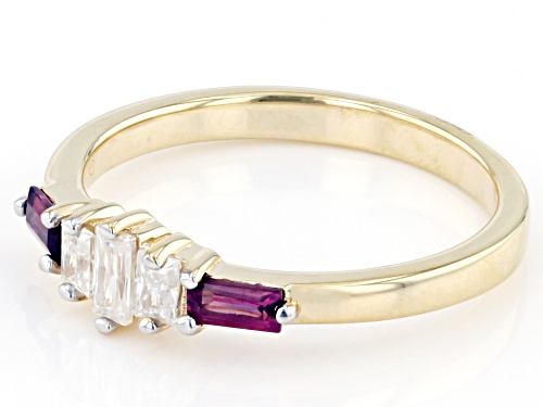 MOISSANITE FIRE(R) .27TW DEW BAGUETTE &  .35CTW RHODOLITE 14K YELLOW GOLD OVER SILVER RING - Size 6
