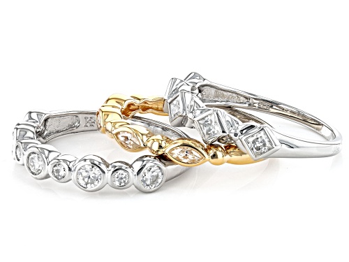 MOISSANITE FIRE(R) 1.50CTW DEW SQ BR & MQ CUT & RD PLATINEVE(R) & 14K YG OVER SILVER RING SET OF 3 - Size 11
