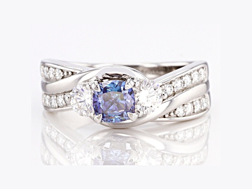 MOISSANITE FIRE(R) AND BLUE MOISSANITE 1.50CTW DEW CUSHION CUT & ROUND PLATINEVE(R) RING - Size 8