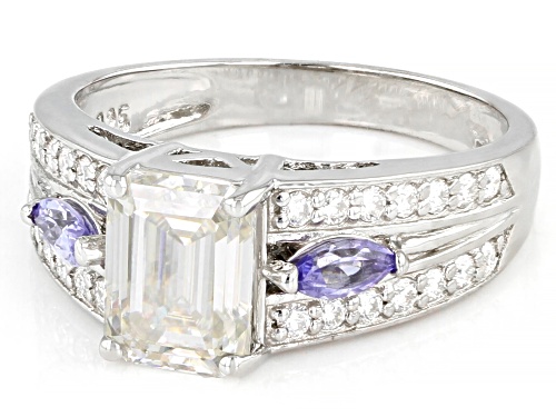 MOISSANITE FIRE(R) 2.03CTW DEW EMERALD CUT & ROUND WITH MARQUISE TANZANITE PLATINEVE(R) RING - Size 7