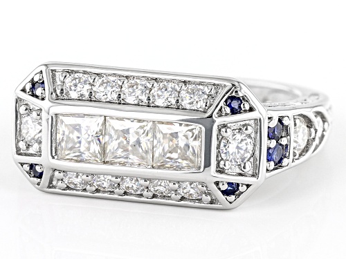 MOISSANITE FIRE(R) 1.41CTW DEW SQUARE BRILLANT & ROUND WITH BLUE SAPPHIRE PLATINEVE(R) RING - Size 6