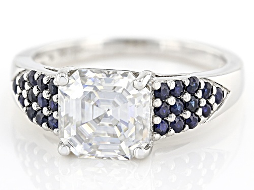 MOISSANITE FIRE(R) 2.96CT DEW ASSCHER CUT & ROUND BLUE SAPPHIRE PLATINEVE(R) RING - Size 7