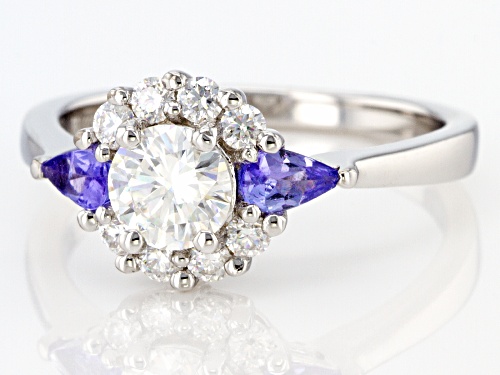 MOISSANITE FIRE(R) .84CTW DEW ROUND & PEAR SHAPE TANZANITE PLATINEVE(R) RING - Size 7