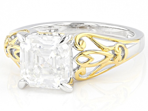 MOISSANITE FIRE(R) 2.96CT DEW ASSCHER CUT PLATINEVE(R) & 14K YELLOW GOLD OVER SILVER RING - Size 9