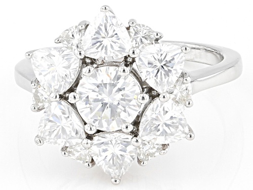 MOISSANITE FIRE(R) 2.90CTW DEW ROUND BRILLANT & TRILLION CUT PLATINEVE(R) RING - Size 11