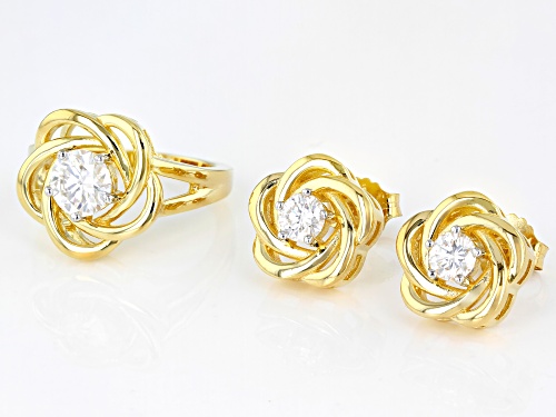 MOISSANITE FIRE® 2.20CTW DEW ROUND 14K YELLOW GOLD OVER RING & EARRING SET