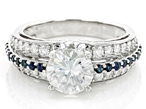 MOISSANITE FIRE(R) 2.46CTW DEW ROUND & ROUND BLUE SAPPHIRE PLATINEVE(R) RING - Size 5