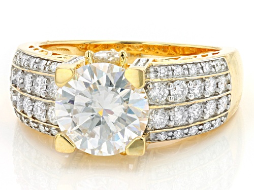 MOISSANITE FIRE(R) 3.64CTW DEW ROUND & TRILLION CUT 14K YELLOW GOLD OVER SILVER RING - Size 8