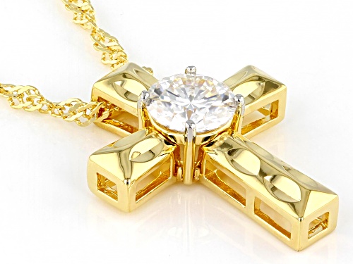 MOISSANITE FIRE(R) .80CT DEW ROUND 14K YELLOW GOLD OVER SILVER CROSS PENDANT & 18 INCH CHAIN
