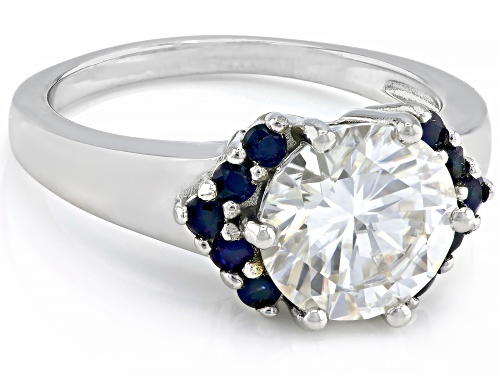 MOISSANITE FIRE(R) 3.10CT DEW ROUND & BLUE SAPPHIRE PLATINEVE(R) RING - Size 6