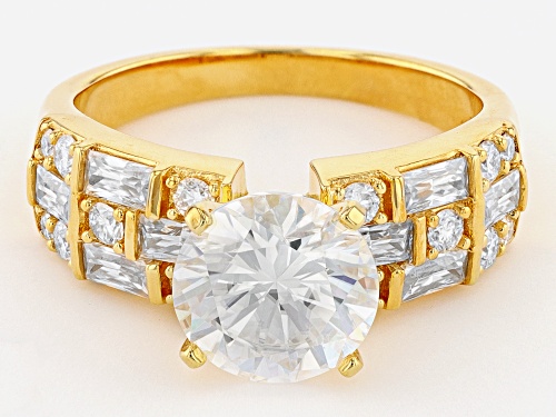 MOISSANITE FIRE(R) 3.80CTW DEW ROUND & BAGUETTE 14K YELLOW GOLD OVER SILVER RING - Size 10