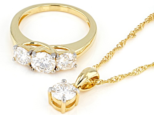 MOISSANITE FIRE(R) 2.60CTW DEW 14K YELLOW GOLD OVER SILVER RING WITH PENDANT & CHAIN SET