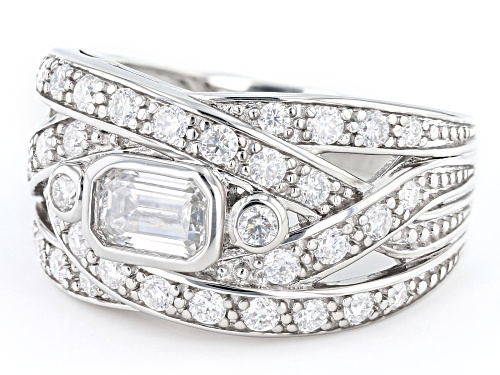 MOISSANITE FIRE(R) 1.58CTW DEW EMERALD CUT & ROUND PLATINEVE(R) RING - Size 6