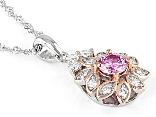 MOISSANITE FIRE(R) & PINK MOISSANITE 1.28CTW DEW ROUND PLATINEVE(R) TWO TONE PENDANT/CHAIN
