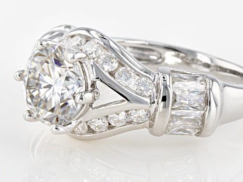 Moissanite Fire® 3.10ctw Diamond Equivalent Weight Round And Baguette Platineve™ Ring - Size 6