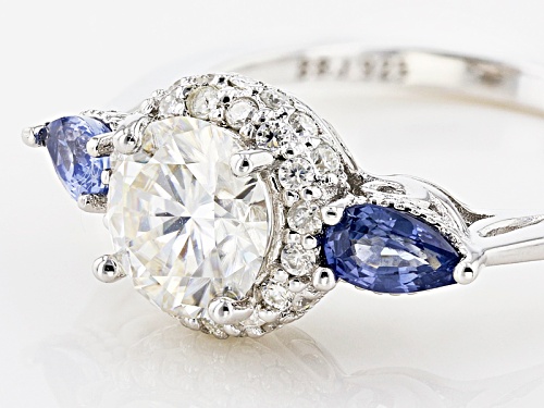 Moissanite Fire® 1.51ctw Dew And .52ctw Blue Sapphire Platineve™ Ring - Size 10