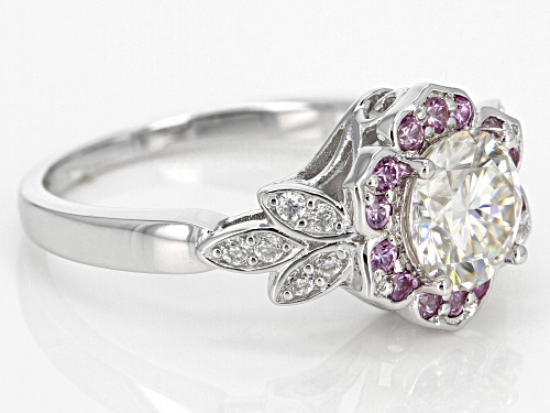 Moissanite Fire® 1.32ctw Dew And .27ctw Pink Sapphire Platineve™ Ring - Size 9