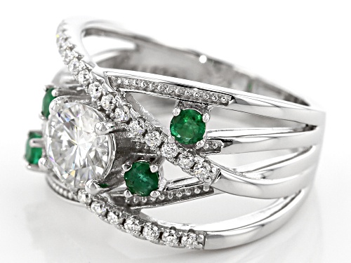 MOISSANITE FIRE® 1.28CTW DEW ROUND AND .24CTW ROUND EMERALD PLATINEVE™ RING - Size 6