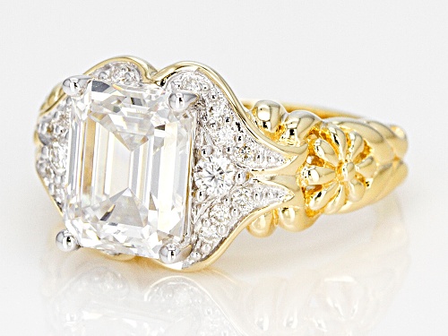MOISSANITE FIRE® 3.83CTW DEW EMERALD CUT AND ROUND 14K YELLOW GOLD OVER SILVER RING - Size 6