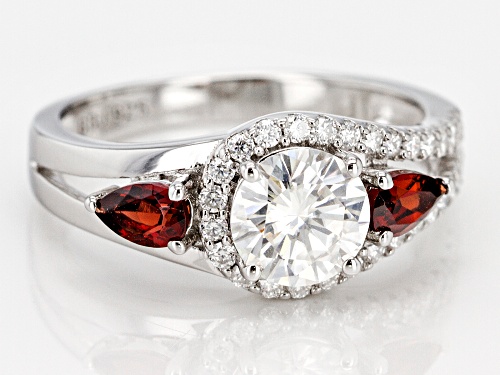 MOISSANITE FIRE® 1.30CTW DEW AND .42CTW RED GARNET PLATINEVE® RING - Size 9