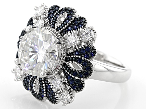 MOISSANITE FIRE® 4.08CTW DEW AND .40CTW BLUE SAPPHIRE PLATINEVE® RING - Size 5