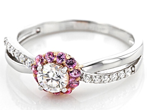 MOISSANITE FIRE(R) .45CTW DEW AND .23CTW PINK SAPPHIRE PLATINEVE & 14K ROSE GOLD OVER PLATINEVE RING - Size 9
