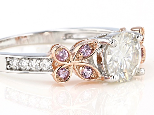 MOISSANITE FIRE(R) 1.08CTW DEW AND .17CTW PINK SAPPHIRE PLATINEVE(R) AND 14K ROSE GOLD ACCENT RING - Size 6