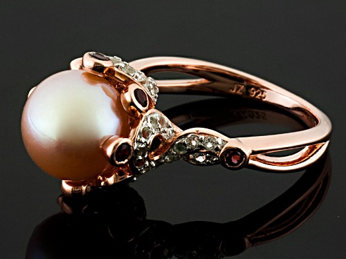 9.5-10mm Cultured Freshwater Pearl & 0.3ctw Rhodolite & 0.3ctw Topaz 18k Rose Gold Over Silver Ring - Size 12