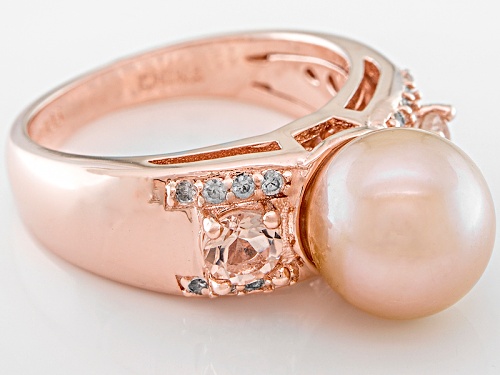 Pink Cultured Freshwater Pearl & Cor-De-Rosa Morganite™ & Zircon 18k Rose Gold Over Silver Ring - Size 12