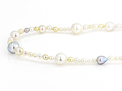 3-8mm Multi-Color Cultured Akoya Pearl Rhodium Over Sterling Silver 22 Inch Necklace - Size 22