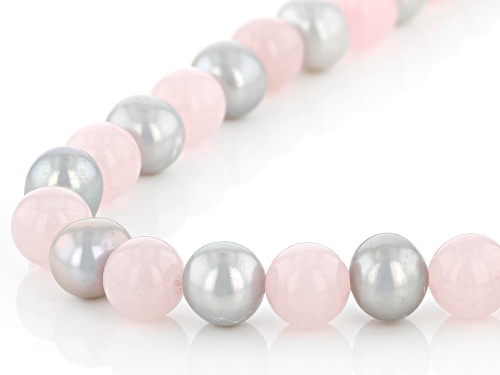 7.5-8.5mm Silver Cultured Freshwater Pearl & Rose Quartz Rhodium Over Sterling Silver Necklace - Size 18
