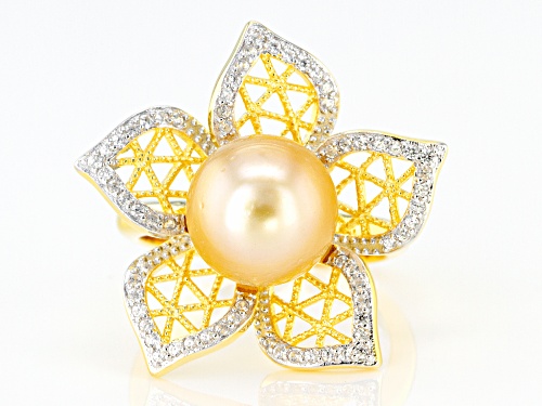 10mm Golden Cultured South Sea Pearl Rhodium & 18k Yellow Gold Over Sterling Silver Ring - Size 8