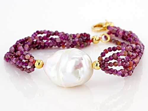 Genusis™ Cultured Freshwater Pearl & Ruby 18k Yellow Gold Over Sterling Silver Bracelet - Size 7