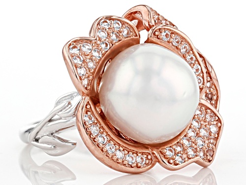 12mm White Cultured South Sea Pearl & Topaz 0.65ctw Rhodium & 18k Rose Gold Over Silver Ring - Size 12