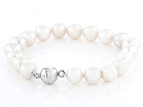 10-11mm White Cultured Freshwater Pearl Rhodium Over Sterling Silver Bracelet With Magnetic Clasp - Size 8.5